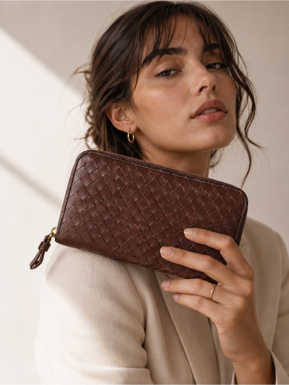 BOTTEGA VENETA Brown Intrecciato Woven Leather Zip Around Wallet